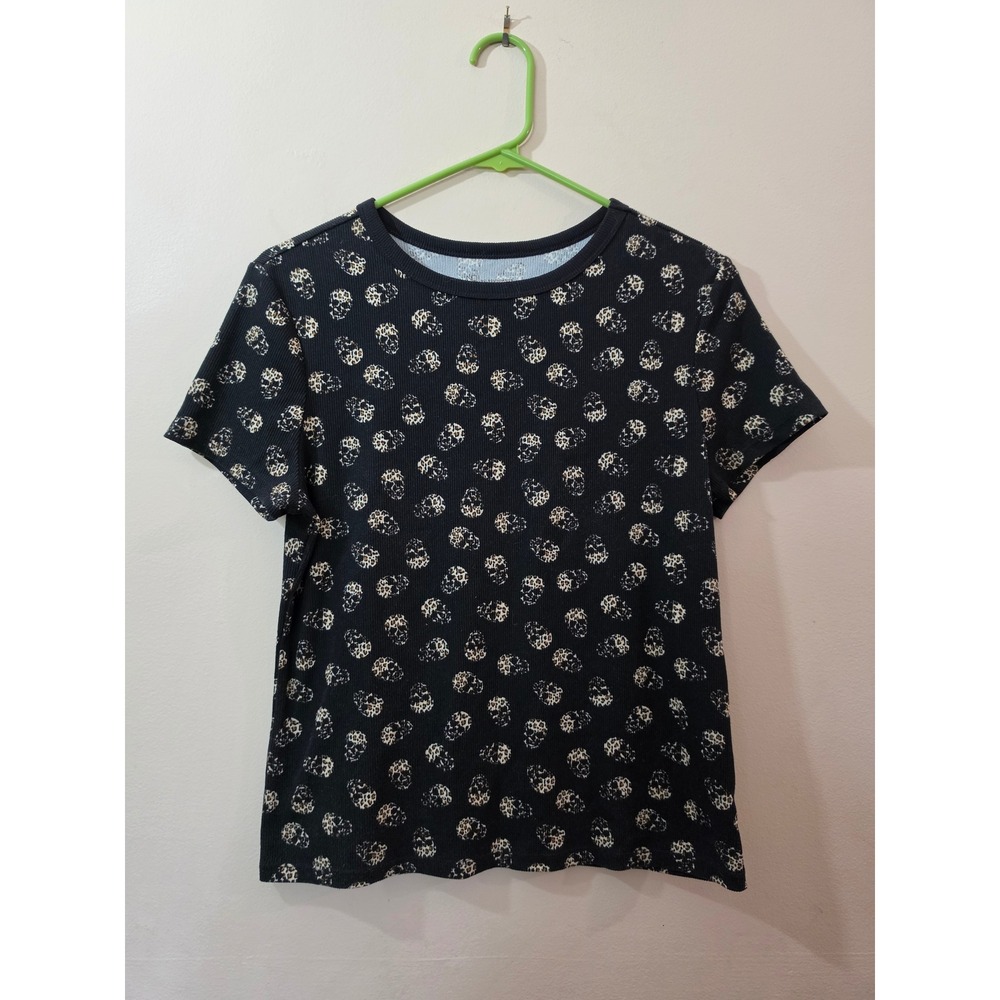No Boundaries Woman Leopard Skull Print Ribbed T-Shirt Black Short Sleeve‎ Large